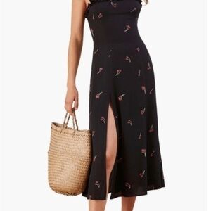 Reformation Black Midi Slip Dress with Pink Cherry Motif
